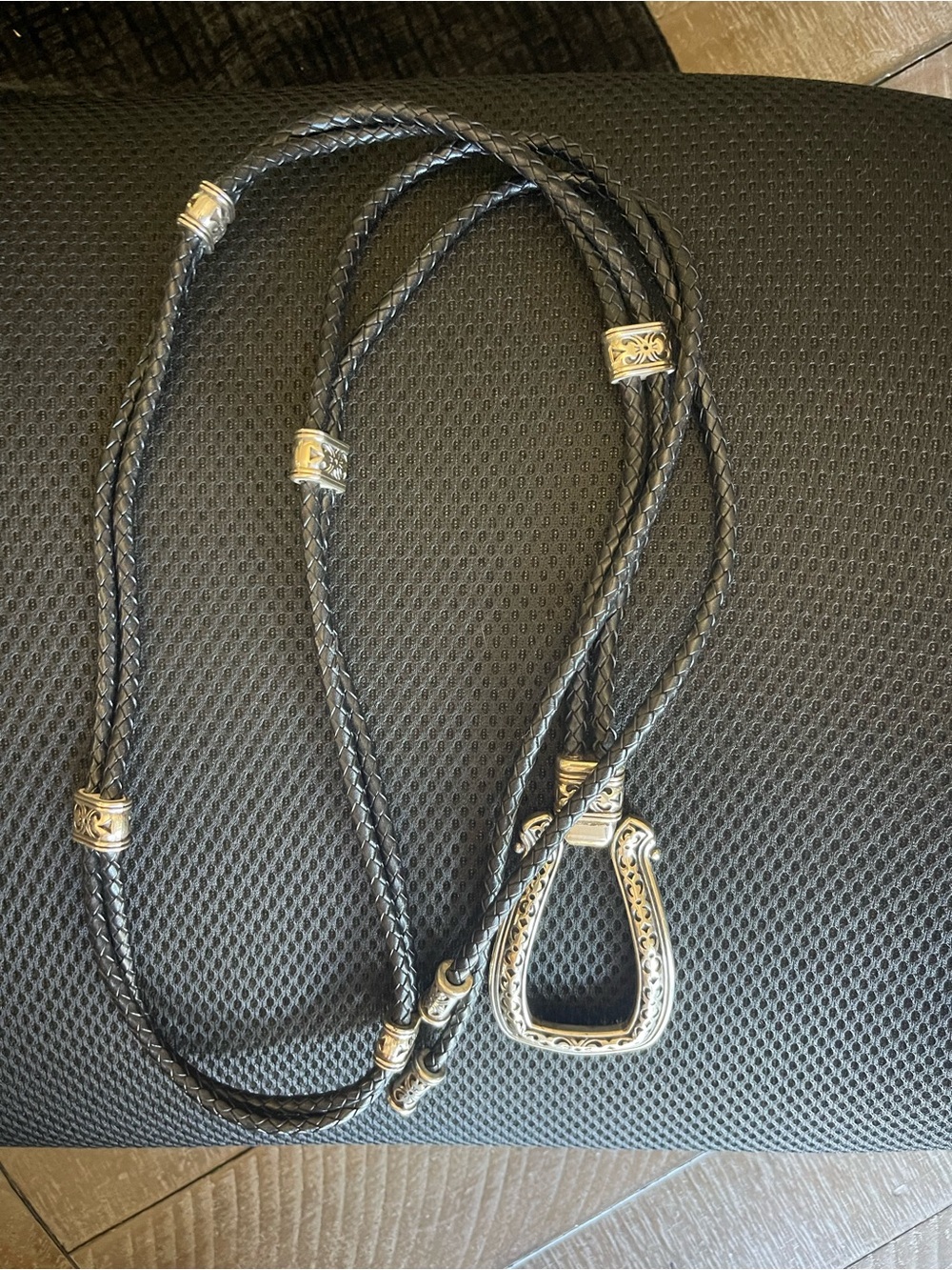 Vintage Brighton Black Braided Leather Lariat with Silver Decorative Accents